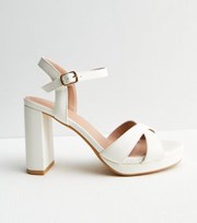 New Look White Leather-Look Cross Over Platform Block Heel Sandals